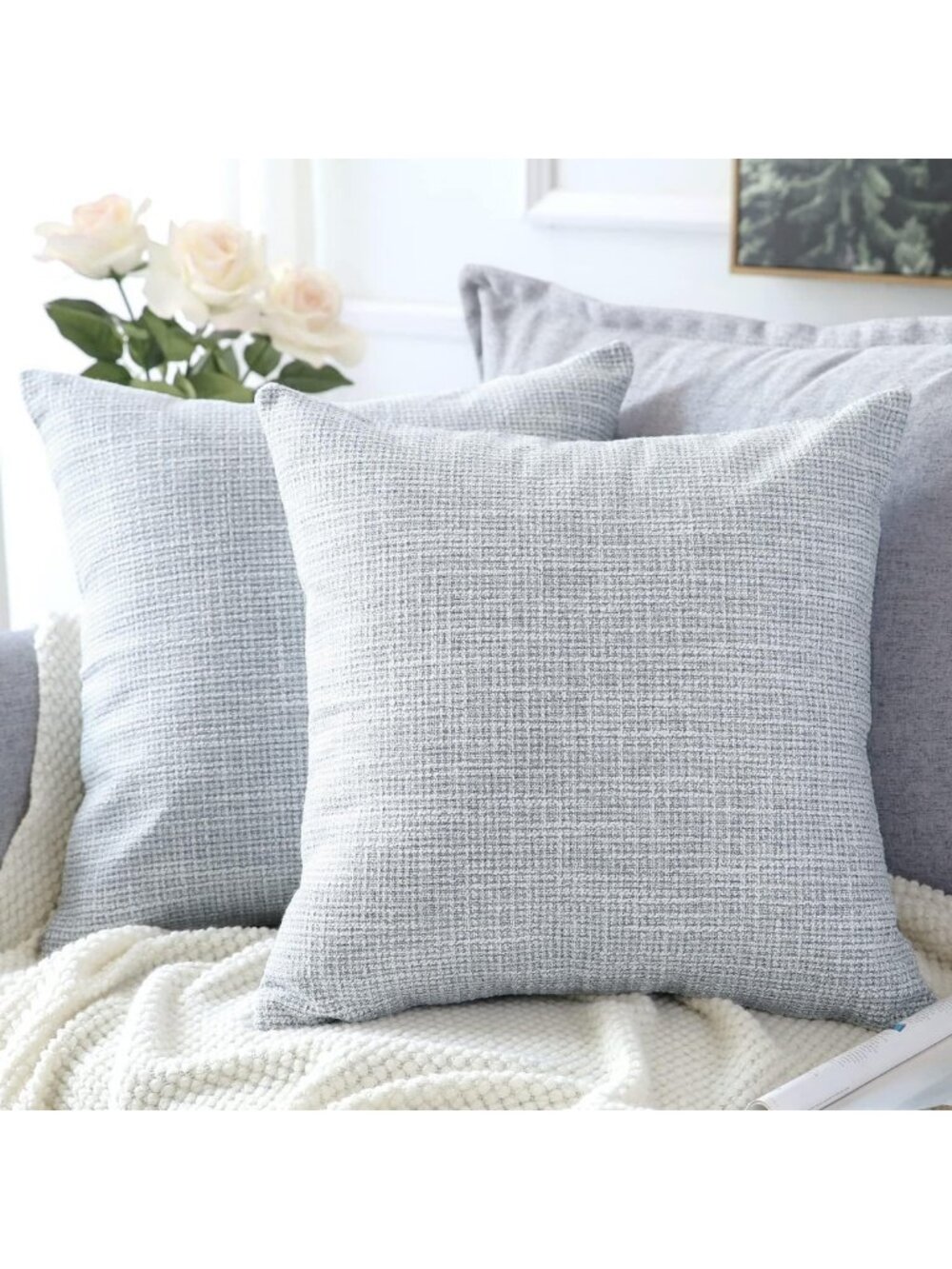 Linen Throw Pillow Covers Set of 2 | Decorative Square Cushion Cases 22x22" Grey
